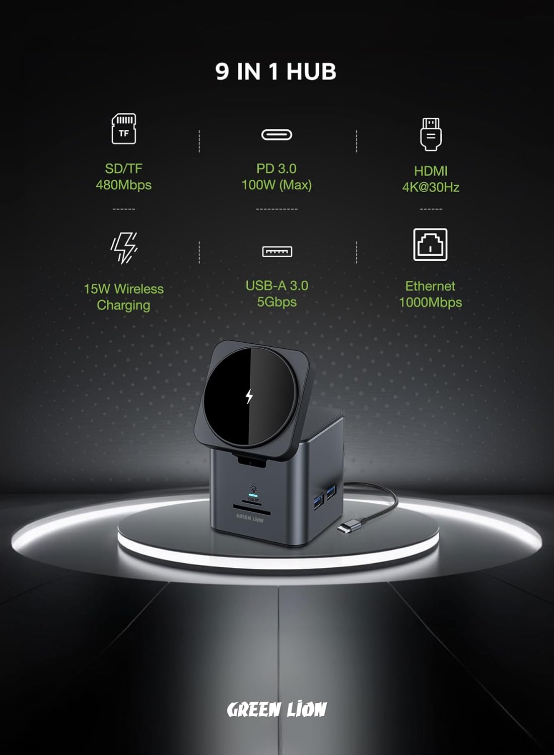 Green Lion 9 In 1 Compatible with MagSafe Type-C Docking Station